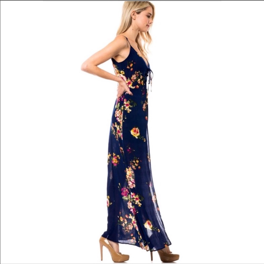 NAVY FLORAL MAXI SKIRT ROMPER - Picture 2 of 8